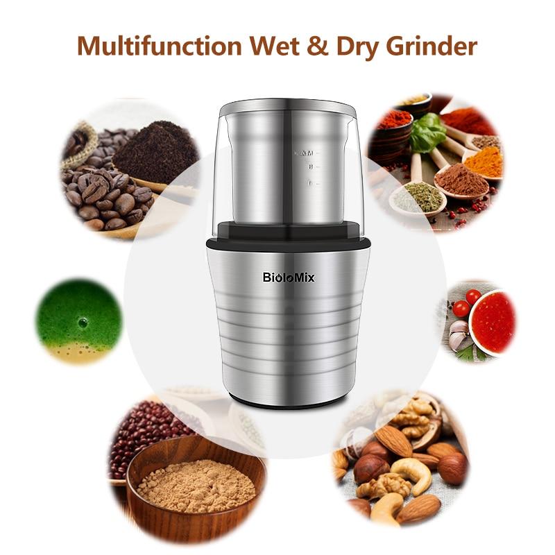 BioloMix 2-in-1 Wet and Dry Double Cups 300W Electric Spices and Coffee Bean Grinder Stainless Steel Body and Miller Blades | Fugo Best