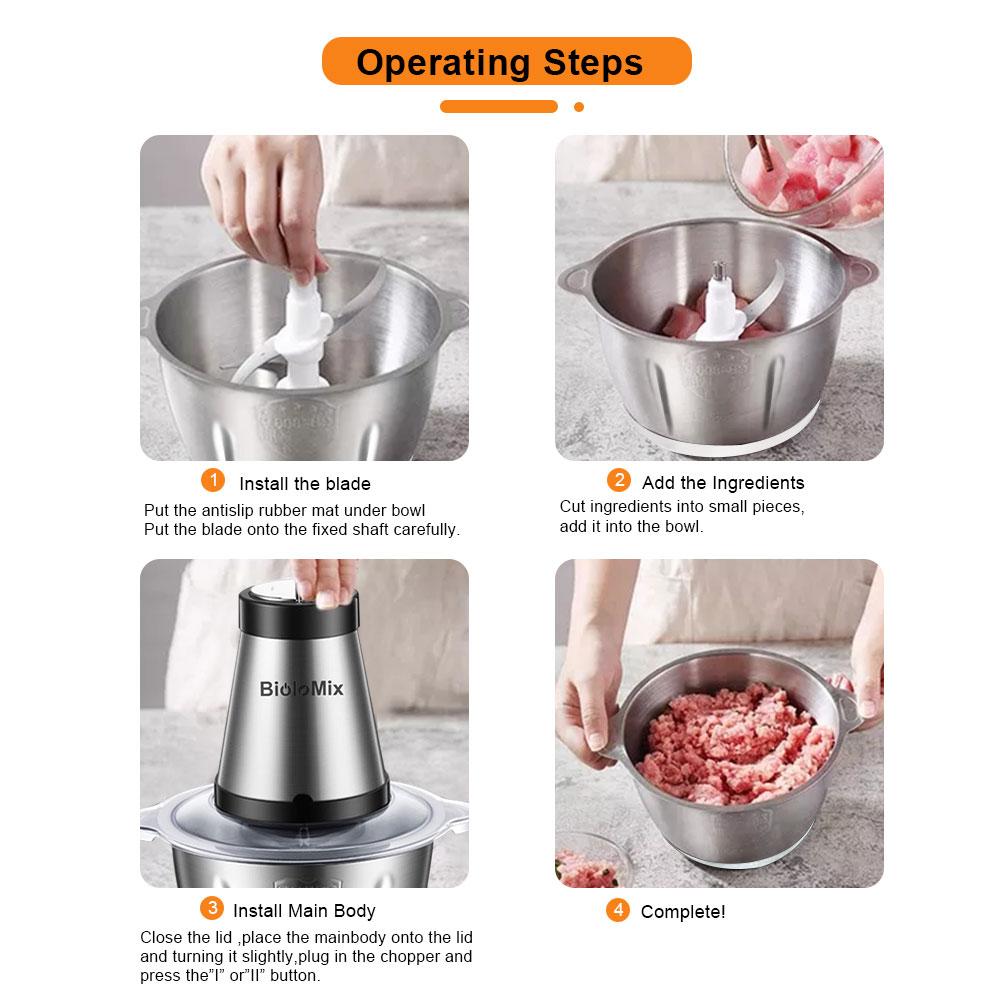 BioloMix 2 Speeds 500W Stainless Steel 2L Capacity Electric Chopper Meat Grinder Mincer Food Processor Slicer | Fugo Best