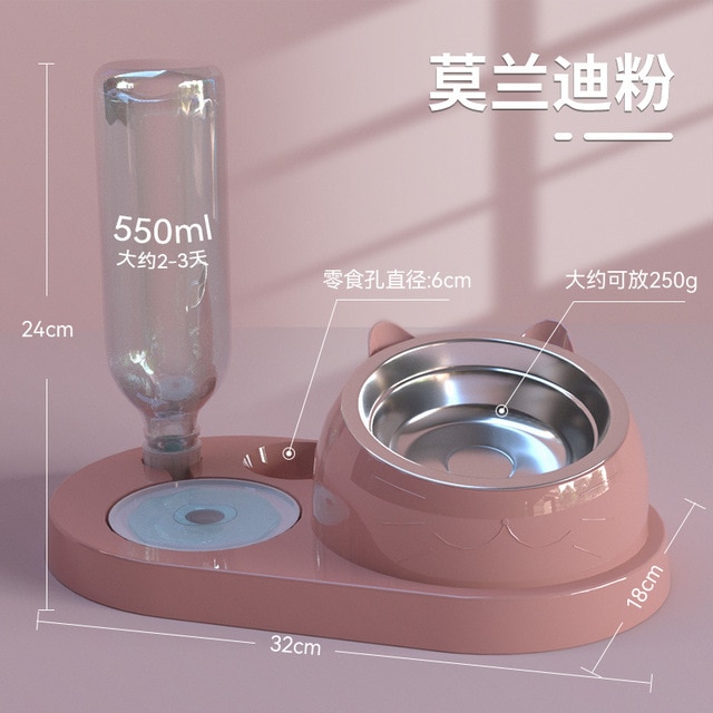 Double Bowl Automatic Water Dispenser Dog Bowl Cat Food Basin Stainless Steel Pet Supplies Protect The Spine Glass Bottle Mouth | Fugo Best