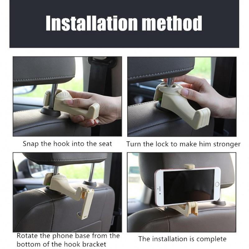 2 in 1 Car Headrest Hook with Phone Holder Seat Back Hanger for Bag Handbag Purse Grocery Cloth Portable Multifunction Clips | Fugo Best