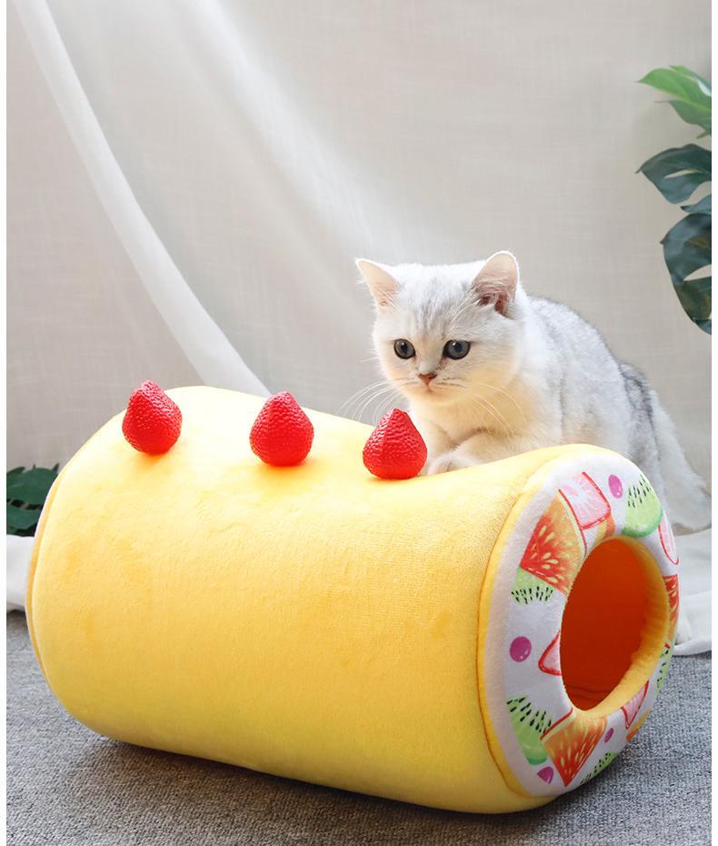 Fruit Tart Cute Dog Cat Bed Cotton Cake Roll Shaped Pet Basket for Cats Funny Kitten Washable Sleep Cave Nest Warm Cozy Cushion | Fugo Best