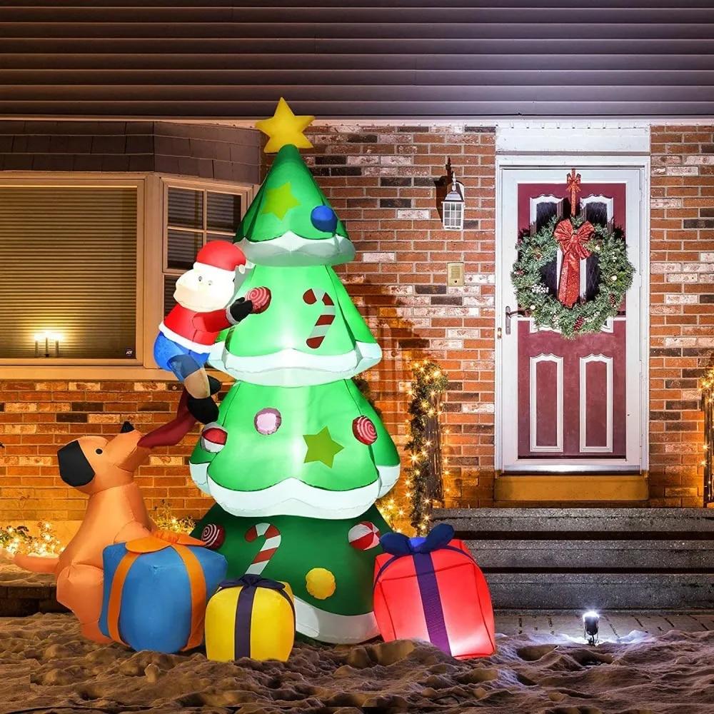 Christmas Inflatable Dogs Chasing Santa Claus Climbing Christmas Tree with Lighting Xmas Decoration Outdoor Indoor Navidad 2023 | Fugo Best