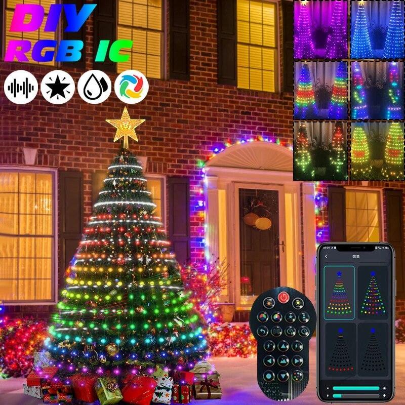 RGB IC Christmas Tree Light DIY APP Bluetooth Multicolor Fairy LED Star String Light Waterfall Xmas Home Yard Holiday Party Deco | Fugo Best