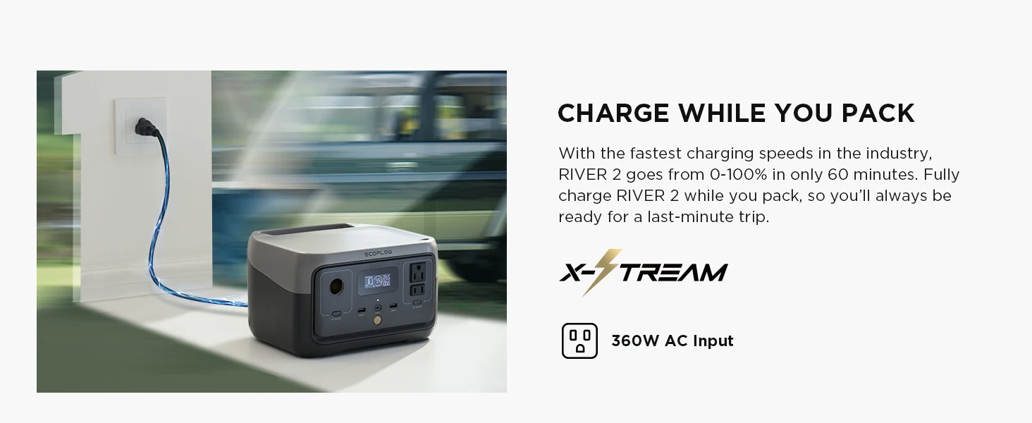 ECOFLOW Portable Power Station RIVER 2, 243Wh LiFePO4 Battery/ 1 Hour Fast Charging, 2 Up to 600W AC Outlets, Solar Generator | Fugo Best