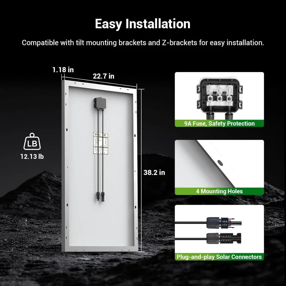Solar Panel 100 Watt 12V Monocrystalline Solar Panel with Solar Connectors, High Efficiency Module PV Power for Battery | Fugo Best