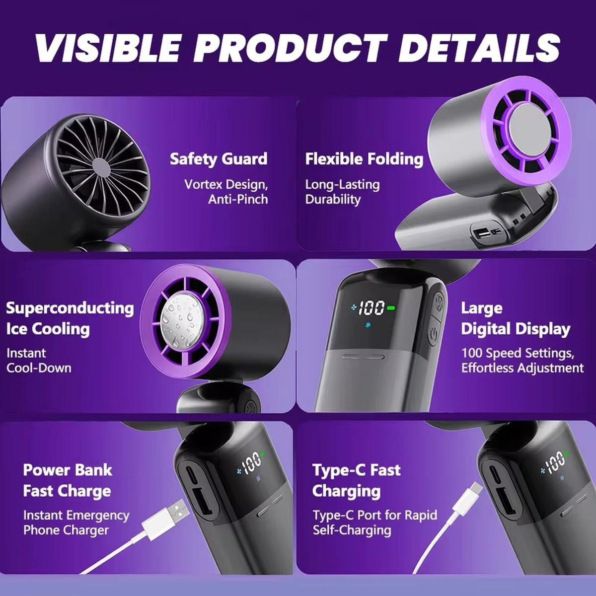  Handheld Mini Ice Compress Turbofan with Lanyard LED Digital Display Quite and High-Speed USB Rechargeable Air Cooling Fans | Fugo Best