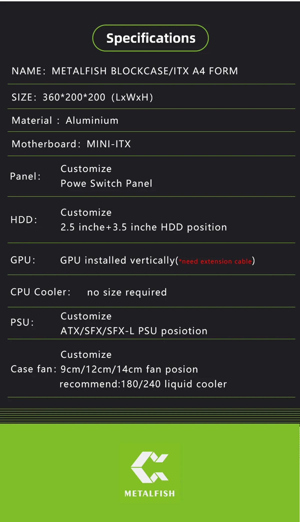  METALFISH ITX A4 Aluminum Open Frame Case, Vertical GPU, 240mm Cooler, Mini-ITX Compatible, DIY Gaming PC | Fugo Best