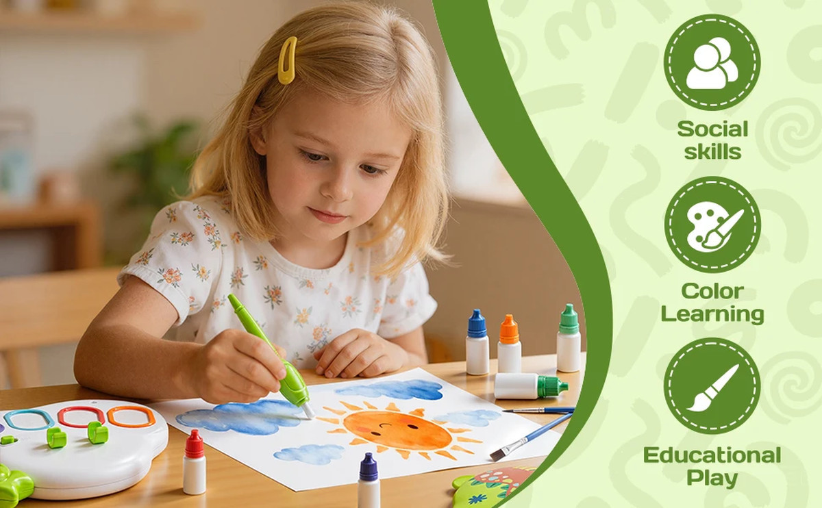 Childrens Colorful Drawing Set with Stamps, Painting, Non-staining Hands, 6-color Pens | 20 Pattern Papers | Dust-free Art Toy | Fugo Best
