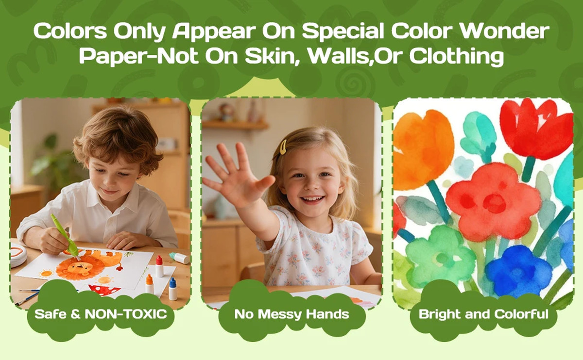 Childrens Colorful Drawing Set with Stamps, Painting, Non-staining Hands, 6-color Pens | 20 Pattern Papers | Dust-free Art Toy | Fugo Best
