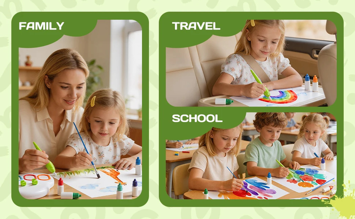 Childrens Colorful Drawing Set with Stamps, Painting, Non-staining Hands, 6-color Pens | 20 Pattern Papers | Dust-free Art Toy | Fugo Best