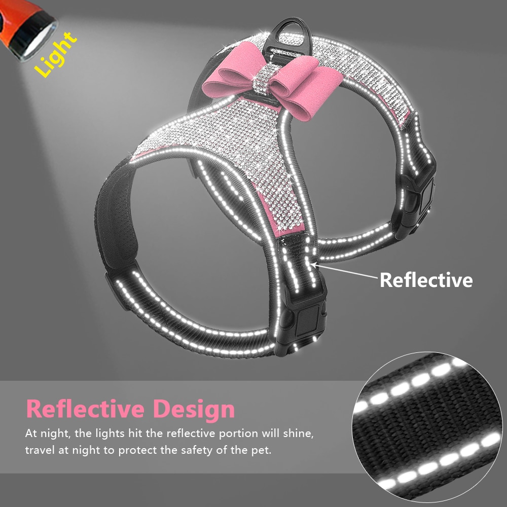 Reflective Dog Harness Nylon Pitbull Pug Small Medium Dogs Harnesses Vest Bling Rhinestone Bowknot Dog Accessories Pet Supplies | Fugo Best