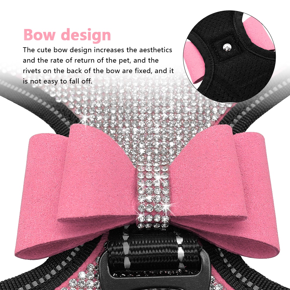 Reflective Dog Harness Nylon Pitbull Pug Small Medium Dogs Harnesses Vest Bling Rhinestone Bowknot Dog Accessories Pet Supplies | Fugo Best