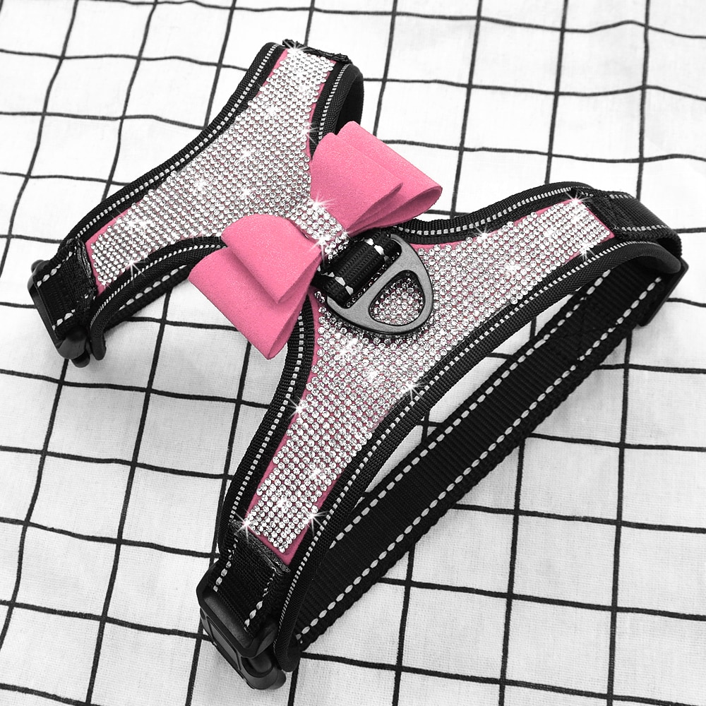 Reflective Dog Harness Nylon Pitbull Pug Small Medium Dogs Harnesses Vest Bling Rhinestone Bowknot Dog Accessories Pet Supplies | Fugo Best