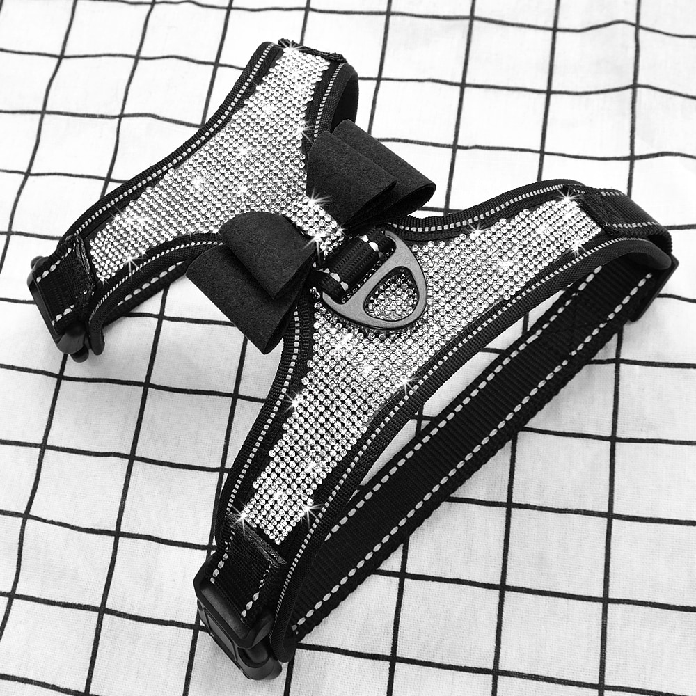 Reflective Dog Harness Nylon Pitbull Pug Small Medium Dogs Harnesses Vest Bling Rhinestone Bowknot Dog Accessories Pet Supplies | Fugo Best
