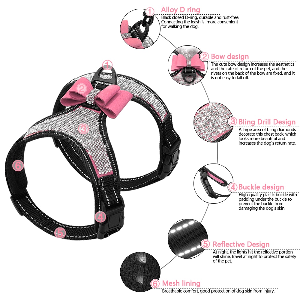 Reflective Dog Harness Nylon Pitbull Pug Small Medium Dogs Harnesses Vest Bling Rhinestone Bowknot Dog Accessories Pet Supplies | Fugo Best