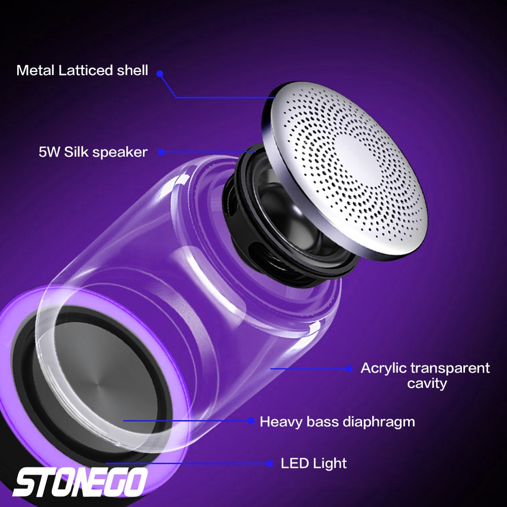 STOENGO True Wireless Stereo Speaker with Transparent Design, Breathing LED Light, TWS Bluetooth 5.0, TF Card & AUX Audio Input | Fugo Best