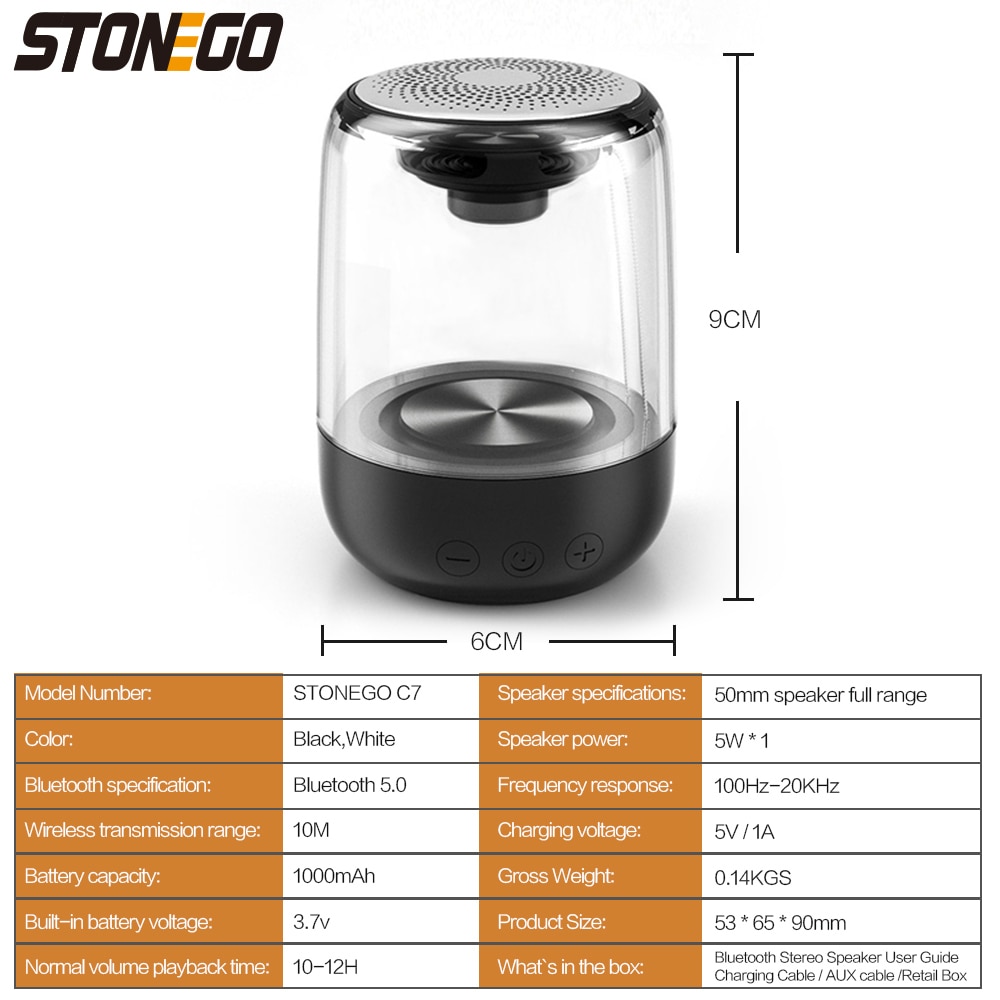 STOENGO True Wireless Stereo Speaker with Transparent Design, Breathing LED Light, TWS Bluetooth 5.0, TF Card & AUX Audio Input | Fugo Best