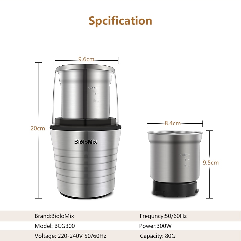BioloMix 2-in-1 Wet and Dry Double Cups 300W Electric Spices and Coffee Bean Grinder Stainless Steel Body and Miller Blades | Fugo Best