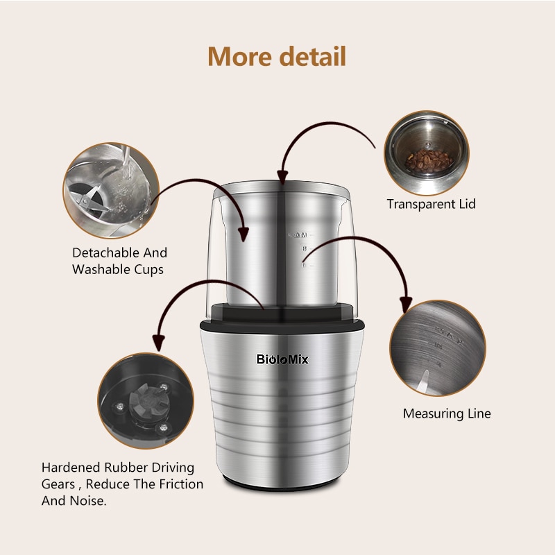 BioloMix 2-in-1 Wet and Dry Double Cups 300W Electric Spices and Coffee Bean Grinder Stainless Steel Body and Miller Blades | Fugo Best