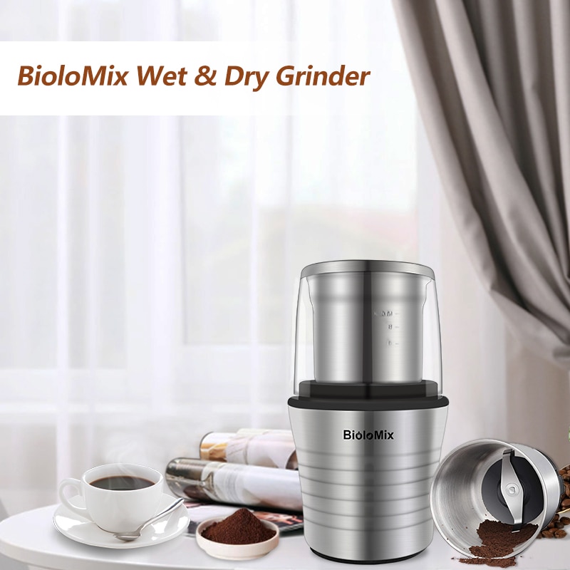 BioloMix 2-in-1 Wet and Dry Double Cups 300W Electric Spices and Coffee Bean Grinder Stainless Steel Body and Miller Blades | Fugo Best