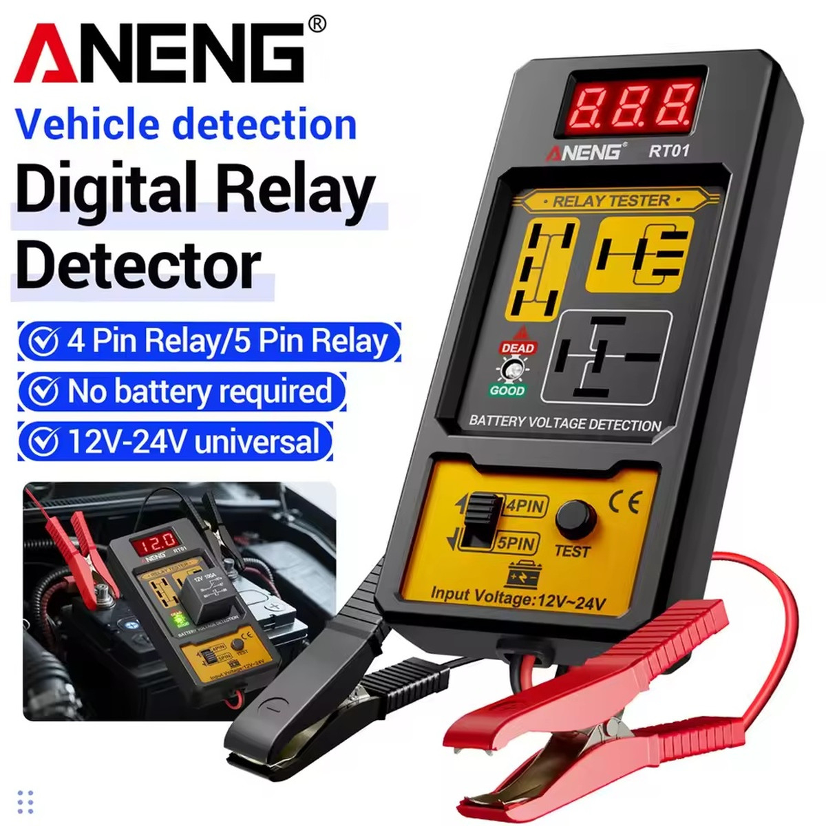 ANENG RT01 11-25V Universal 4/5 Pin Auto Relay Tester LED Display Car Vehicle Battery Voltage Analyzer Circuit Fault Repair Tool | Fugo Best