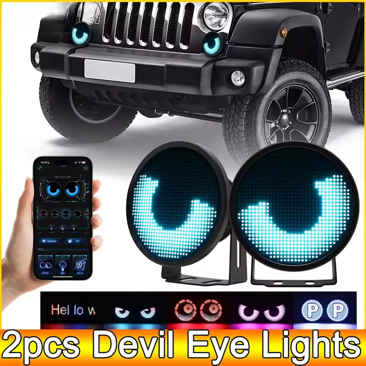 2pcs Devil Eye Lights 3inch APP LED Screen Blink Angel Eyes Fog Light DIY Multimedia Player Dynamic Eye Lights Car Headlamps | Fugo Best